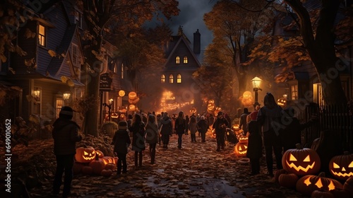 Halloween celebration with residents in a small street. Pumpkin decoration. Generative AI