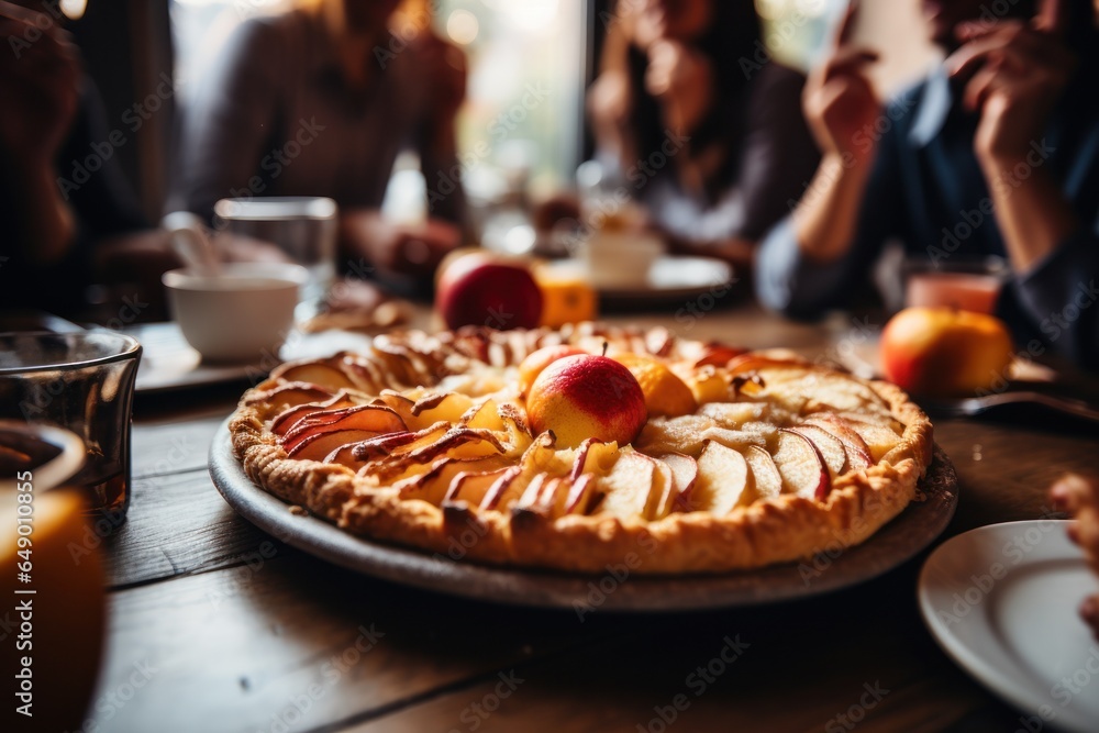 Thanksgiving pie at the table with family watching people Thanksgiving pie at the table with family watching people