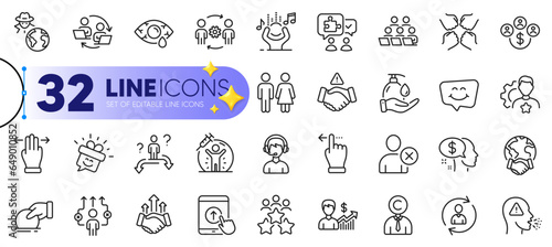 Outline set of Touchscreen gesture, Cough and Puzzle line icons for web with Copyrighter, Business meeting, Engineering team thin icon. Squad, Multitasking gesture, Person info pictogram icon. Vector