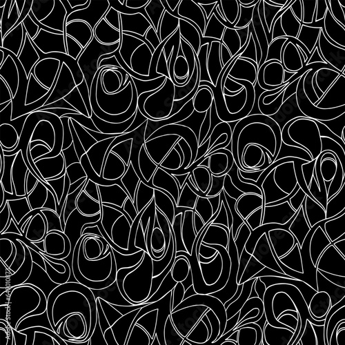 Vector seamless abstract white hand-drawn outline figures pattern isolated on a black background.