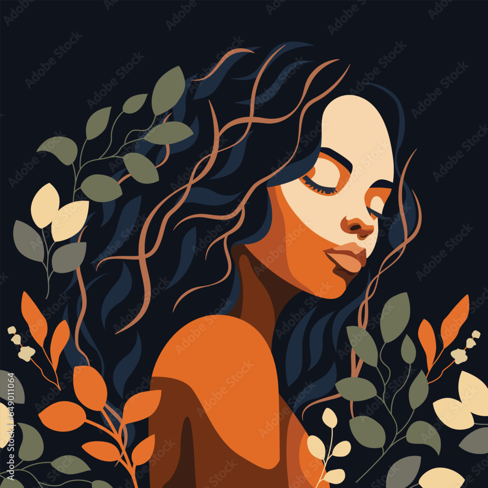 Discover the botanical elegance of a young African American woman in this stunning illustration.