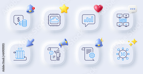 Web3, Analytical chat and Radiator line icons. Buttons with 3d bell, chat speech, cursor. Pack of Online voting, Cloud computing, Technical documentation icon. Coins, Manual doc pictogram. Vector