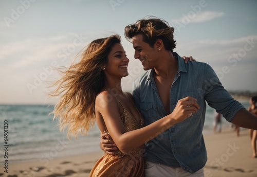 Beautiful smile happy loving couple dancing at the beach