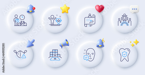 Journey path, Medical mask and Inclusion line icons. Buttons with 3d bell, chat speech, cursor. Pack of Winner cup, Dental insurance, Face accepted icon. Bike courier, Inventory pictogram. Vector