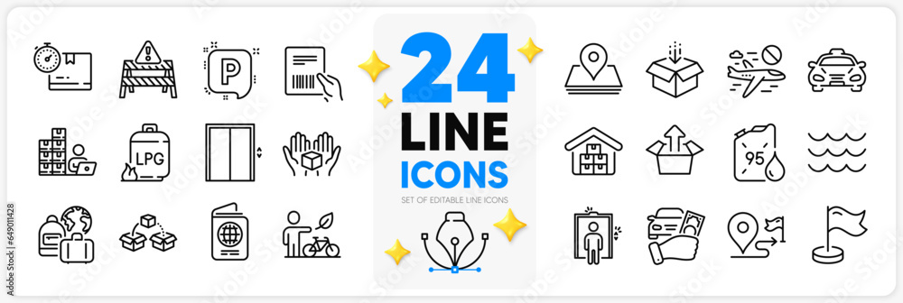 Icons set of Parcel invoice, Gas cylinder and Petrol canister line icons pack for app with Cardboard box, Send box, Milestone thin outline icon. Baggage, Lift, Taxi pictogram. Journey. Vector