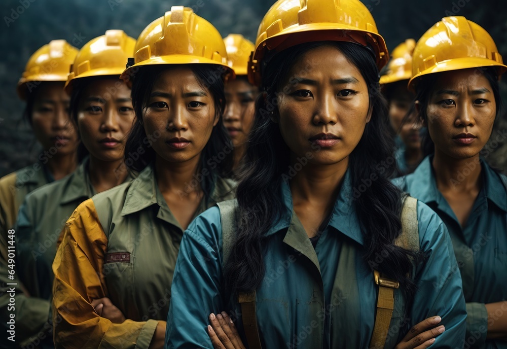 Asian women miners wear head protection standing confident with crossed hands Asian women miners wear head protection standing confident with crossed hands