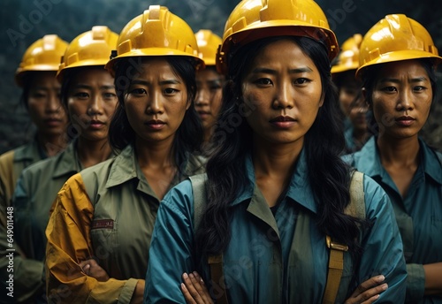 Asian women miners wear head protection standing confident with crossed hands