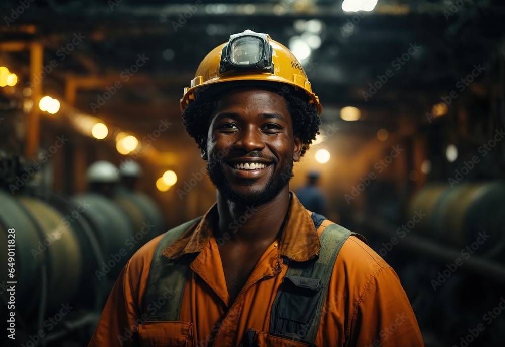 Afro men miner worker smile wearing helmet in ocean oil mine Afro men miner worker smile wearing helmet in ocean oil mine