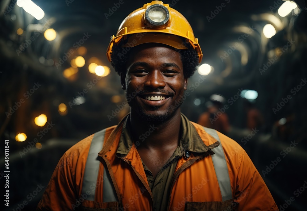 Afro men miner worker smile wearing helmet in ocean oil mine Afro men miner worker smile wearing helmet in ocean oil mine