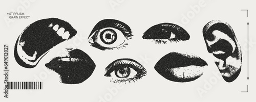 Trendy elements with a retro photocopy effect. y2k elements for design. Eyes, lips, mouth, ear. Grain effect and stippling. Vector dots texture. photo