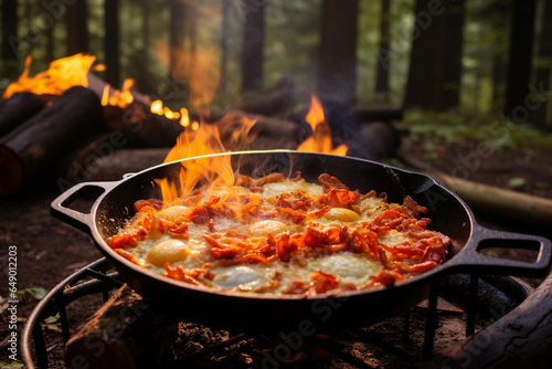 Camping breakfast with bacon and eggs in a cast iron, generative ai