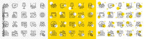 Outline Team work, Like app and Checked calculation line icons pack for web with Approved, Hourglass timer, Comment line icon. Cut, Wholesale goods, Table lamp pictogram icon. Vote box. Vector