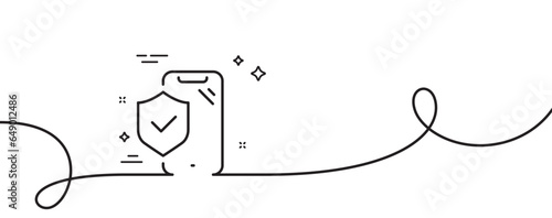 Phone insurance hand line icon. Continuous one line with curl. Risk coverage sign. Device protection symbol. Phone insurance single outline ribbon. Loop curve pattern. Vector