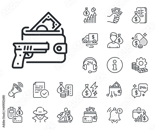 Money fraud crime sign. Cash money, loan and mortgage outline icons. Armed robbery line icon. Thief with gun steal cash symbol. Armed robbery line sign. Credit card, crypto wallet icon. Vector