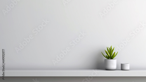 white empty shelf with a ceramic indoor plant pot on a light grey wall for product photography and presentation