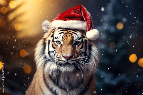 New Year animal concept, a pet during the Christmas winter holidays. The holidays are coming, a dangerous wild tiger dressed as Santa brings gifts to good children.