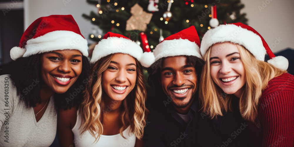Cheerful young people with santa hat celebrate New Year together at home Cheerful young people with santa hat celebrate New Year together at home