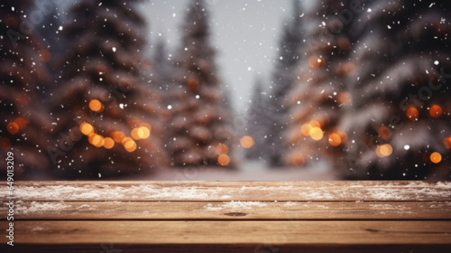 Christmas trees with bokeh light in snow with wooden table and festive bokeh at christmas time, generative ai  © OP38Studio