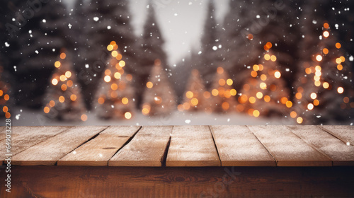 Christmas trees with bokeh light in snow with wooden table and festive bokeh at christmas time, generative ai
