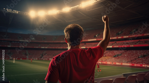 Rear view - Happy sportsman with clenched fist after victory against large football stadium under night sky, generative ai