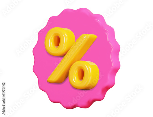 Pink 3d rounded coupon with yellow discount on isolated background. Cartoon style. Voucher gift. Vector illustration.