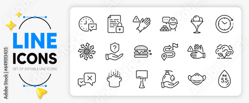 Co2 gas, Medical mask and Wash hands line icons set for app include Ph neutral, Food delivery, Versatile outline thin icon. Table lamp, Use gloves, Ice cream pictogram icon. Build. Vector