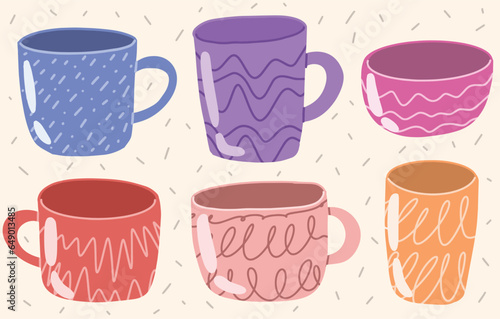 Cartoon colorful cups. Vintage teacup, coffee cup and kitchen mug