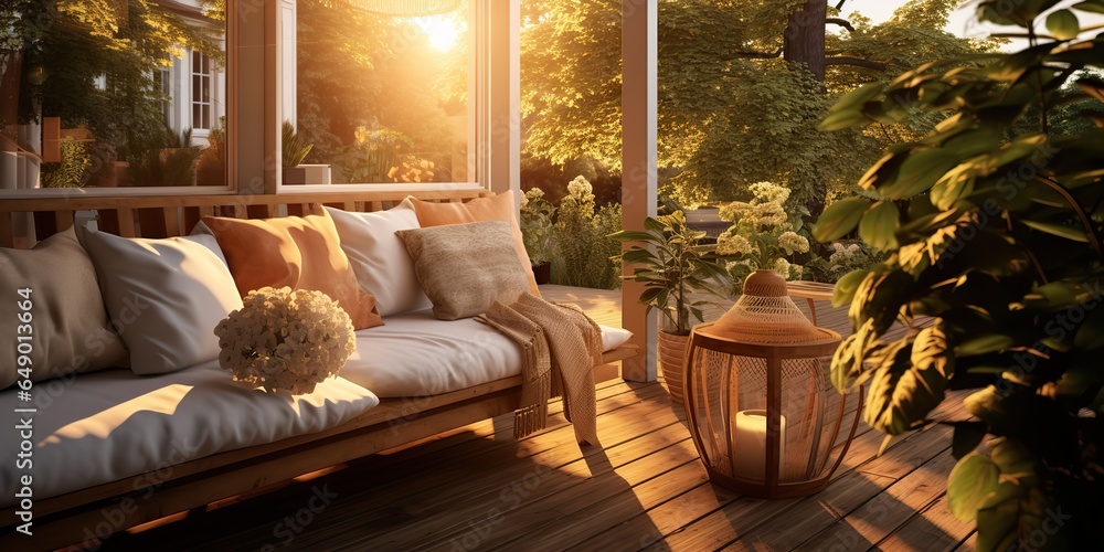 Fototapeta premium AI Generated. AI Generative. Vintage retro modern scandinavian style porch veranda sofa with table sitting relax place with many flowers and plants. Graphic Art
