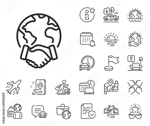 International outsourcing sign. Plane jet, travel map and baggage claim outline icons. Global business line icon. Internet marketing symbol. Global business line sign. Vector