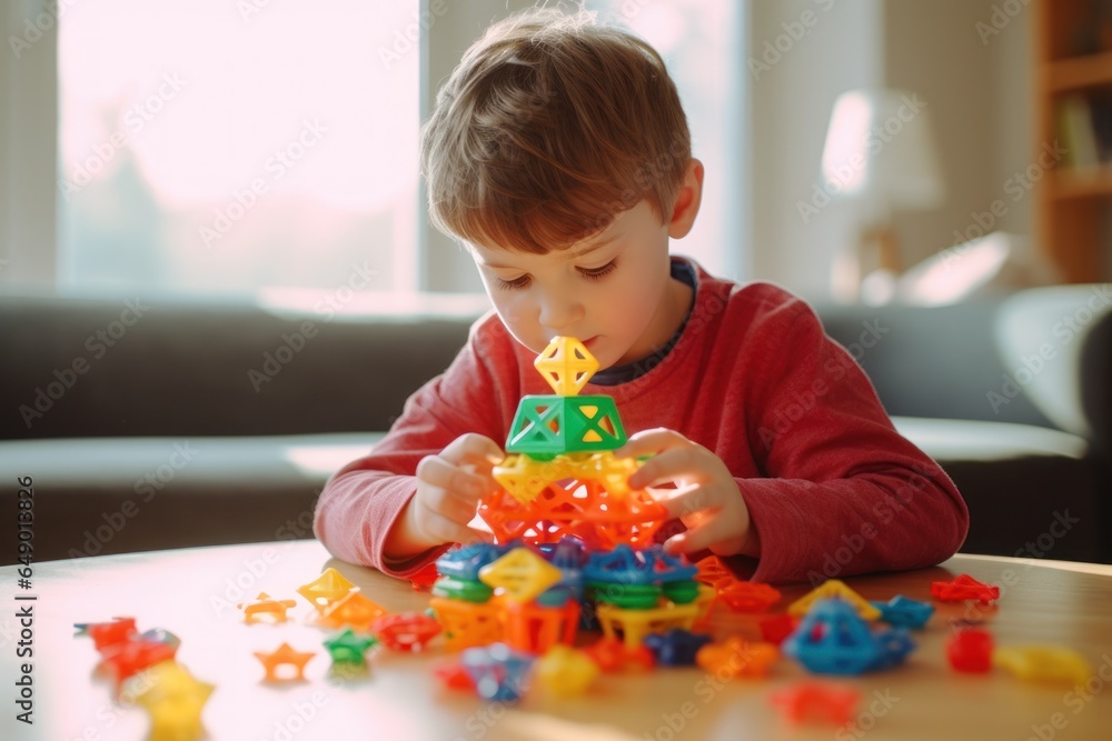 Fototapeta premium A young boy is seen playing with a pile of plastic toys. This image can be used to depict childhood, playtime, imagination, or the joy of playing with toys.