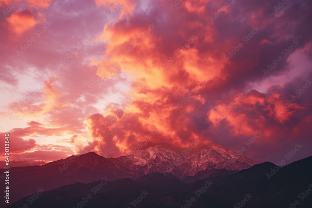 A breathtaking sunset view of a majestic mountain range with dramatic clouds. Perfect for travel, nature, and landscape themes.