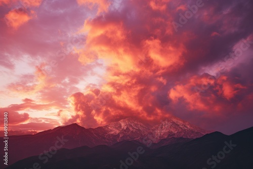 A breathtaking sunset view of a majestic mountain range with dramatic clouds. Perfect for travel, nature, and landscape themes.