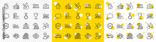 Outline Glass, Free delivery and Investment graph line icons pack for web with Talk bubble, Ranking stars, Medal line icon. Mobile survey, Search puzzle, Music making pictogram icon. Vector