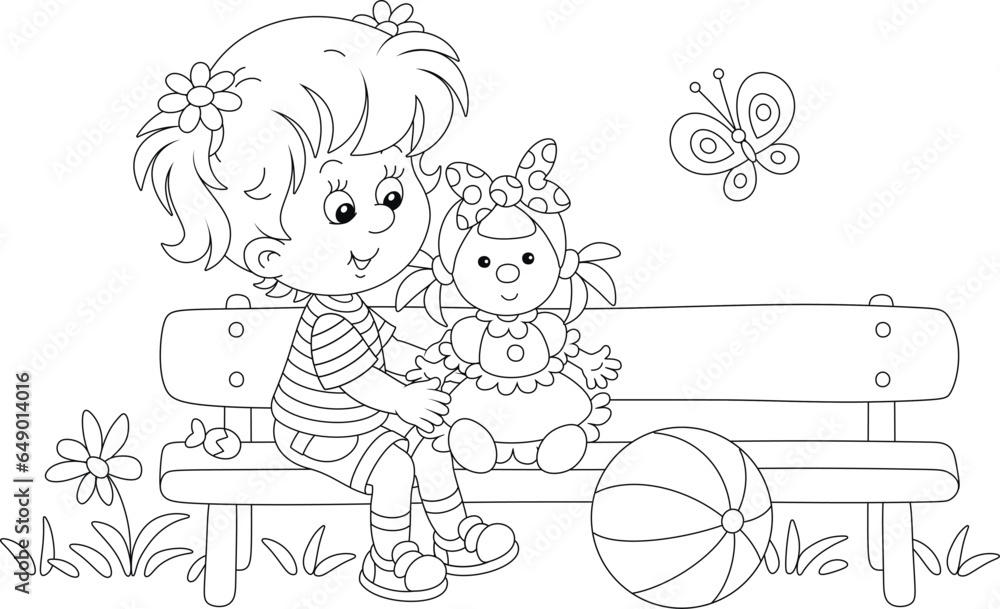Happy little girl playing with her funny toy doll on a small bench in a park on a warm summer day, black and white vector cartoon illustration for a coloring book Happy little girl playing with her funny toy doll on a small bench in a park on a warm summer day, black and white vector cartoon illustration for a coloring book