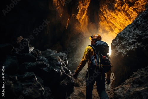 A man is seen walking through a cave with a backpack. This image can be used to depict exploration, adventure, hiking, or spelunking. photo