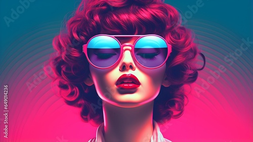 Retro Styled Woman with Red Hair and Sunglasses. Redhead with Sunglasses in Pink and Blue Background. Generative AI