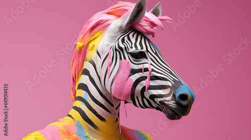 Portrait of a zebra with colorful paint on it  and pink hairstyle. Pink background. 