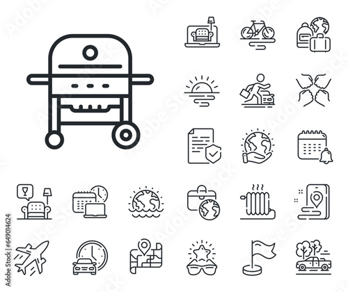 Barbecue cooker for cooking food sign. Plane jet, travel map and baggage claim outline icons. Gas grill line icon. Meat brazier symbol. Gas grill line sign. Car rental, taxi transport icon. Vector