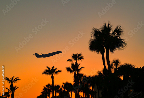 Palm trees against a deep orange sky at sunset with a private executive jet passing overhead. Copy space. Travel and holidays concept