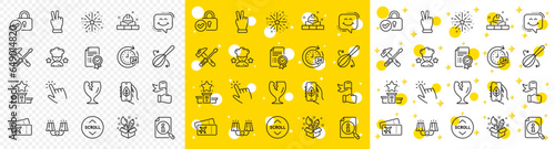 Outline Victory hand, Fragile package and Best chef line icons pack for web with Smile chat, Certificate, Creativity line icon. Ecology app, Fireworks explosion, Hammer tool pictogram icon. Vector
