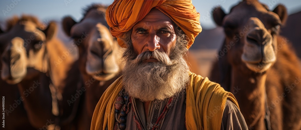 Indian men on camels in deserts of india