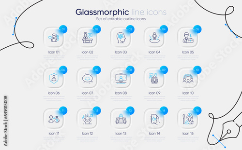 Set of Nurse, Selfie stick and Businessman case line icons for web app. Woman love, Smile chat, Augmented reality icons. Stress, Like app, Leadership signs. Salary, Engineering team, Inclusion. Vector