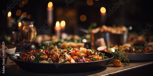 Various dishes are served on the buffet line