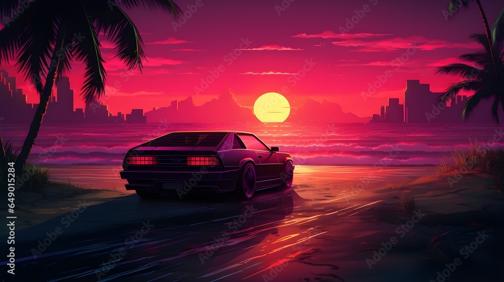 A Retro Car and a Synthwave Sunset Beach: A Digital Art Image of a Sports Car and a Pink and Purple Sky. A Retro Car Parked on a Beach with Palm Trees. Generative AI