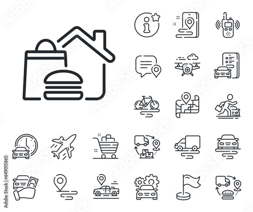 Meal order at home sign. Plane, supply chain and place location outline icons. Food delivery line icon. Fast food deliver symbol. Food delivery line sign. Taxi transport, rent a bike icon. Vector