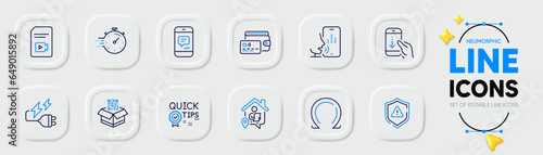 Scroll down, Quick tips and Wallet line icons for web app. Pack of Timer, Omega, Video file pictogram icons. Work home, Message, Voicemail signs. Attention, Qr code, Electricity plug. Vector