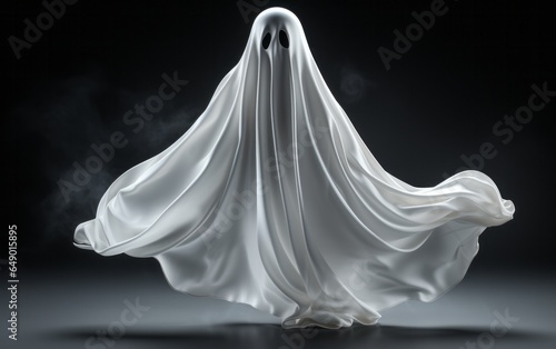 Image of a ghost in a white cape and with black painted eyes. Halloween costume example