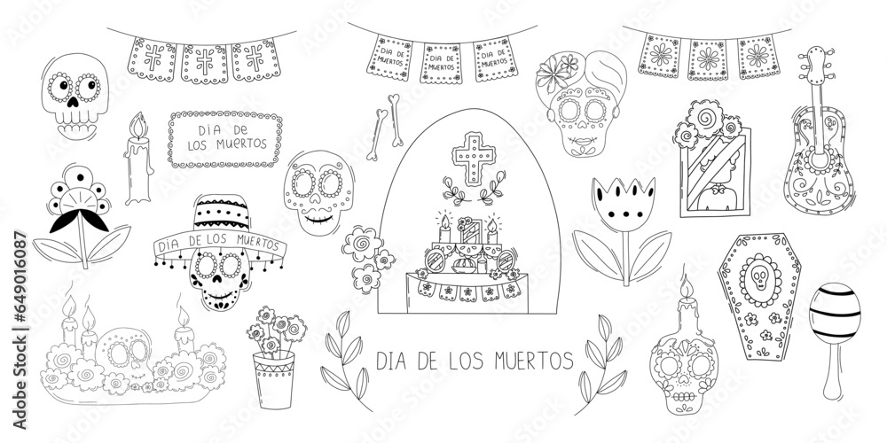 Dia de los Muertos Set of Simple Vector Illustrations in Doodle Style. . Latin American Holidays and Traditions. Day of the Dead Mexican Religious Holiday. 