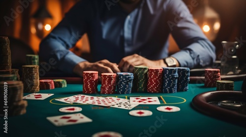 High Stakes Drama: Closeup on Poker Players' Hands. Generative ai photo