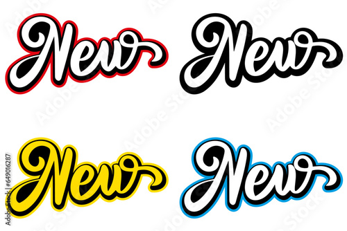 Set of handwritten "new" words in different vivid colors